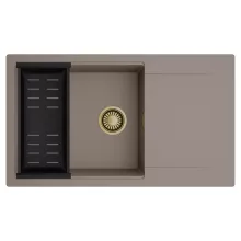 HD Onyx Tortora 86-XL egymedencés mosogatótálca szett, matt fekete csepegtetőkosárral, csepegtetőtálcával, tortora színben, szálcsiszolt arany leeresztő szifonnal