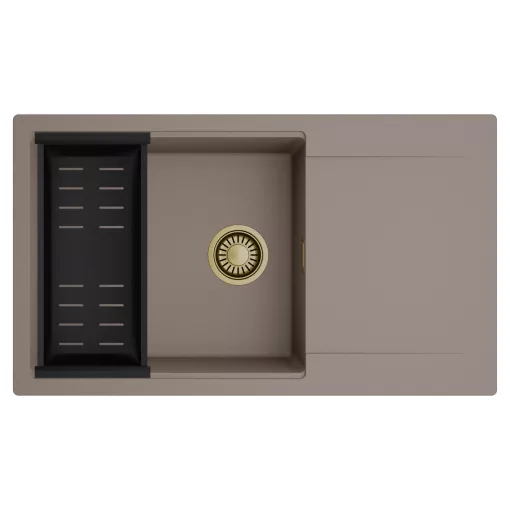 HD Onyx Tortora 86-XL egymedencés mosogatótálca szett, matt fekete csepegtetőkosárral, csepegtetőtálcával, tortora színben, szálcsiszolt arany leeresztő szifonnal