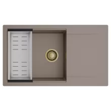 HD Onyx Tortora 86-XL egymedencés mosogatótálca szett, acél csepegtetőkosárral, csepegtetőtálcával, tortora színben, szálcsiszolt arany leeresztő szifonnal