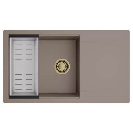 HD Onyx Tortora 86-XL egymedencés mosogatótálca szett, acél csepegtetőkosárral, csepegtetőtálcával, tortora színben, szálcsiszolt arany leeresztő szifonnal
