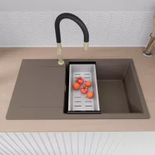 HD Onyx Tortora 86-XL egymedencés mosogatótálca szett, acél csepegtetőkosárral, csepegtetőtálcával, tortora színben, szálcsiszolt arany leeresztő szifonnal