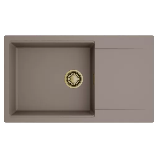 HD Onyx Tortora 86-XL egymedencés mosogatótálca, csepegtetőtálcával, tortora színben, szálcsiszolt arany leeresztő szifonnal