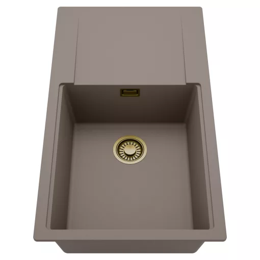 HD Onyx Tortora 86-XL egymedencés mosogatótálca, csepegtetőtálcával, tortora színben, szálcsiszolt arany leeresztő szifonnal
