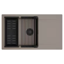 HD Onyx Tortora 86-XL egymedencés mosogatótálca szett, matt fekete csepegtetőráccsal és kosárral, csepegtetőtálcával, tortora színben, matt fekete leeresztő szifonnal