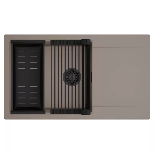 HD Onyx Tortora 86-XL egymedencés mosogatótálca szett, matt fekete csepegtetőráccsal és kosárral, csepegtetőtálcával, tortora színben, matt fekete leeresztő szifonnal