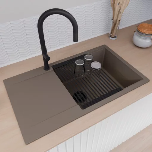 HD Onyx Tortora 86-XL egymedencés mosogatótálca szett, matt fekete csepegtetőráccsal és kosárral, csepegtetőtálcával, tortora színben, matt fekete leeresztő szifonnal