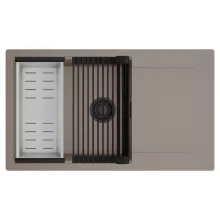 HD Onyx Tortora 86-XL egymedencés mosogatótálca szett, matt fekete csepegtetőráccsal és krómozott kosárral, csepegtetőtálcával, tortora színben, matt fekete leeresztő szifonnal