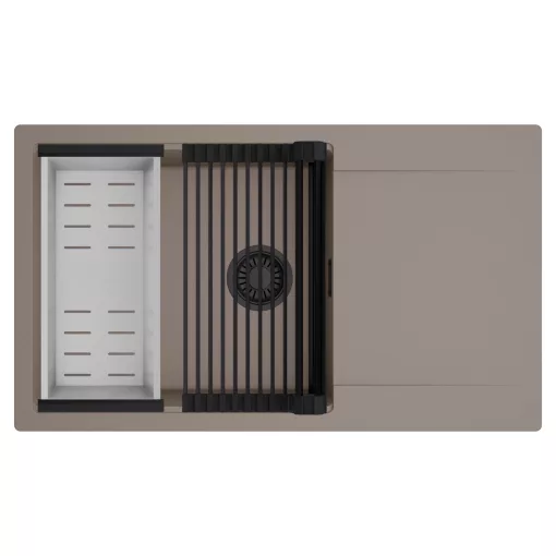 HD Onyx Tortora 86-XL egymedencés mosogatótálca szett, matt fekete csepegtetőráccsal és krómozott kosárral, csepegtetőtálcával, tortora színben, matt fekete leeresztő szifonnal