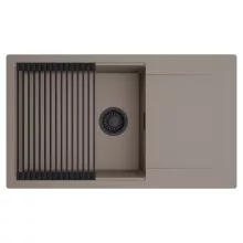 HD Onyx Tortora 86-XL egymedencés mosogatótálca szett, matt fekete csepegtetőráccsal, csepegtetőtálcával, tortora színben, matt fekete leeresztő szifonnal