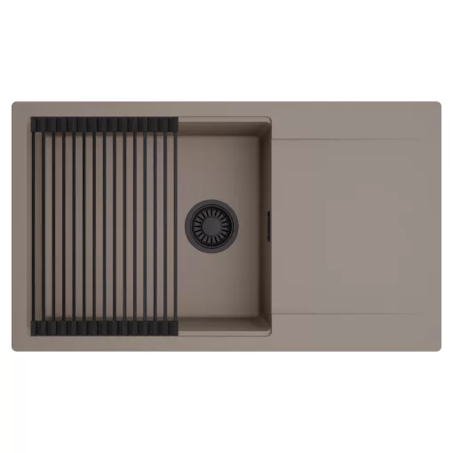 HD Onyx Tortora 86-XL egymedencés mosogatótálca szett, matt fekete csepegtetőráccsal, csepegtetőtálcával, tortora színben, matt fekete leeresztő szifonnal