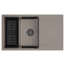 HD Onyx Tortora 86-XL egymedencés mosogatótálca szett, acél csepegtetőráccsal és matt fekete kosárral, csepegtetőtálcával, tortora színben, matt fekete leeresztő szifonnal