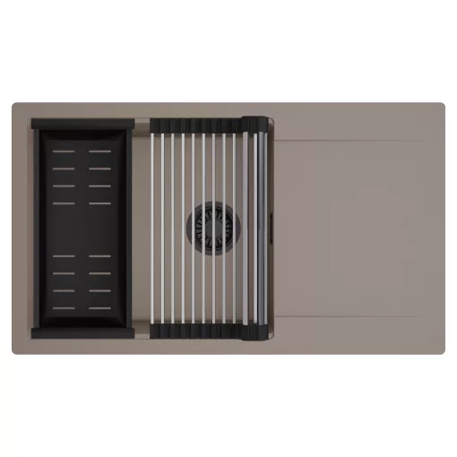 HD Onyx Tortora 86-XL egymedencés mosogatótálca szett, acél csepegtetőráccsal és matt fekete kosárral, csepegtetőtálcával, tortora színben, matt fekete leeresztő szifonnal