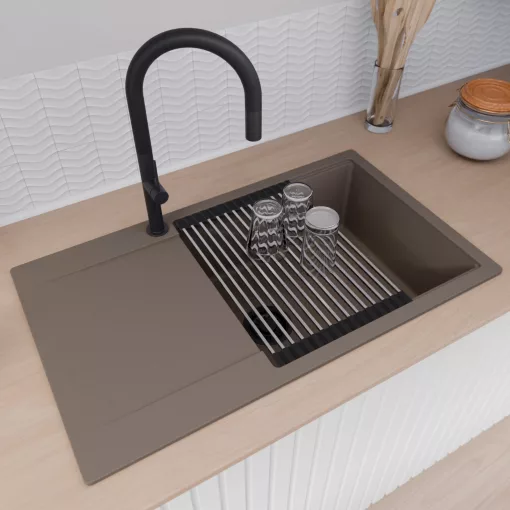 HD Onyx Tortora 86-XL egymedencés mosogatótálca szett, acél csepegtetőráccsal és matt fekete kosárral, csepegtetőtálcával, tortora színben, matt fekete leeresztő szifonnal