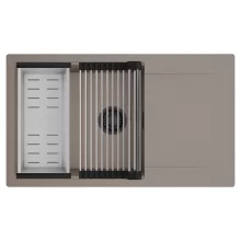 HD Onyx Tortora 86-XL egymedencés mosogatótálca szett, acél csepegtetőráccsal és kosárral, csepegtetőtálcával, tortora színben, matt fekete leeresztő szifonnal