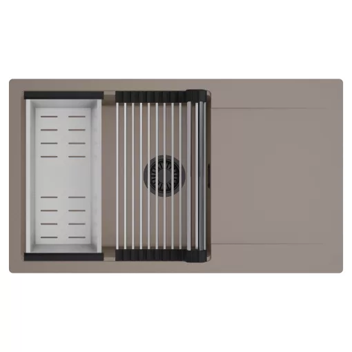 HD Onyx Tortora 86-XL egymedencés mosogatótálca szett, acél csepegtetőráccsal és kosárral, csepegtetőtálcával, tortora színben, matt fekete leeresztő szifonnal