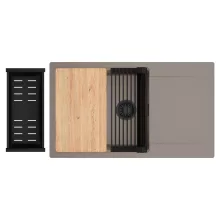 HD Onyx Tortora 86-XL egymedencés gránit mosogatótálca szett, csepegtetőtálcával, vágódeszkával, matt fekete csepegtetőráccsal és kosárral, tortora színben, matt fekete leeresztő szifonnal