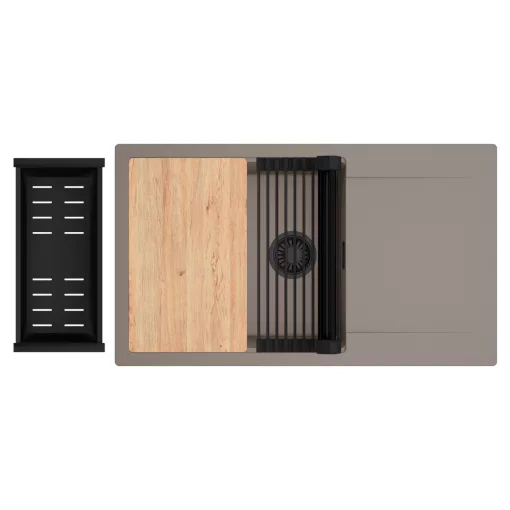 HD Onyx Tortora 86-XL egymedencés gránit mosogatótálca szett, csepegtetőtálcával, vágódeszkával, matt fekete csepegtetőráccsal és kosárral, tortora színben, matt fekete leeresztő szifonnal