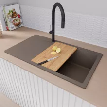 HD Onyx Tortora 86-XL egymedencés gránit mosogatótálca szett, csepegtetőtálcával, vágódeszkával, matt fekete csepegtetőráccsal és kosárral, tortora színben, matt fekete leeresztő szifonnal