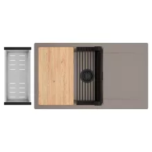 HD Onyx Tortora 86-XL egymedencés gránit mosogatótálca szett, csepegtetőtálcával, vágódeszkával, matt fekete csepegtetőráccsal és krómozott kosárral, tortora színben, matt fekete leeresztő szifonnal