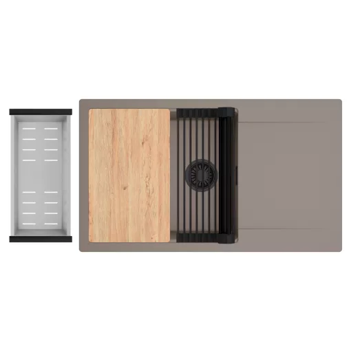 HD Onyx Tortora 86-XL egymedencés gránit mosogatótálca szett, csepegtetőtálcával, vágódeszkával, matt fekete csepegtetőráccsal és krómozott kosárral, tortora színben, matt fekete leeresztő szifonnal