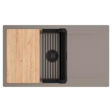 HD Onyx Tortora 86-XL egymedencés gránit mosogatótálca szett, csepegtetőtálcával, vágódeszkával, matt fekete csepegtetőráccsal, tortora színben, matt fekete leeresztő szifonnal