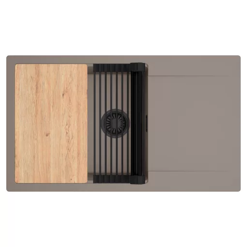 HD Onyx Tortora 86-XL egymedencés gránit mosogatótálca szett, csepegtetőtálcával, vágódeszkával, matt fekete csepegtetőráccsal, tortora színben, matt fekete leeresztő szifonnal