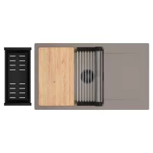 HD Onyx Tortora 86-XL egymedencés gránit mosogatótálca szett, csepegtetőtálcával, vágódeszkával, acél csepegtetőráccsal és matt fekete kosárral, tortora színben, matt fekete leeresztő szifonnal