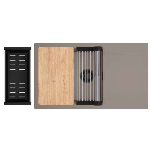 HD Onyx Tortora 86-XL egymedencés gránit mosogatótálca szett, csepegtetőtálcával, vágódeszkával, acél csepegtetőráccsal és matt fekete kosárral, tortora színben, matt fekete leeresztő szifonnal