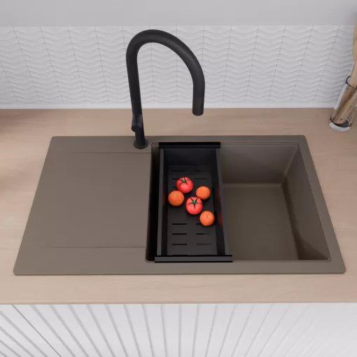 HD Onyx Tortora 86-XL egymedencés gránit mosogatótálca szett, csepegtetőtálcával, vágódeszkával, acél csepegtetőráccsal és matt fekete kosárral, tortora színben, matt fekete leeresztő szifonnal