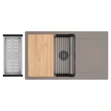 HD Onyx Tortora 86-XL egymedencés gránit mosogatótálca szett, csepegtetőtálcával, vágódeszkával, acél csepegtetőráccsal és kosárral, tortora színben, matt fekete leeresztő szifonnal