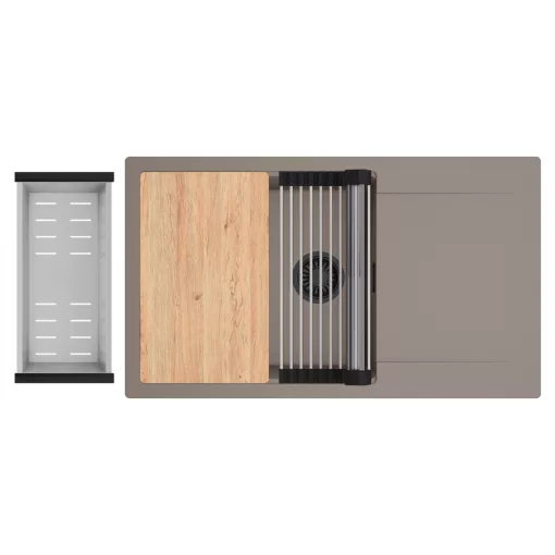 HD Onyx Tortora 86-XL egymedencés gránit mosogatótálca szett, csepegtetőtálcával, vágódeszkával, acél csepegtetőráccsal és kosárral, tortora színben, matt fekete leeresztő szifonnal