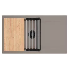 HD Onyx Tortora 86-XL egymedencés gránit mosogatótálca szett, csepegtetőtálcával, vágódeszkával, acél csepegtetőráccsal, tortora színben, matt fekete leeresztő szifonnal