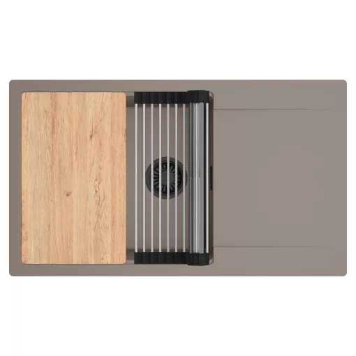 HD Onyx Tortora 86-XL egymedencés gránit mosogatótálca szett, csepegtetőtálcával, vágódeszkával, acél csepegtetőráccsal, tortora színben, matt fekete leeresztő szifonnal