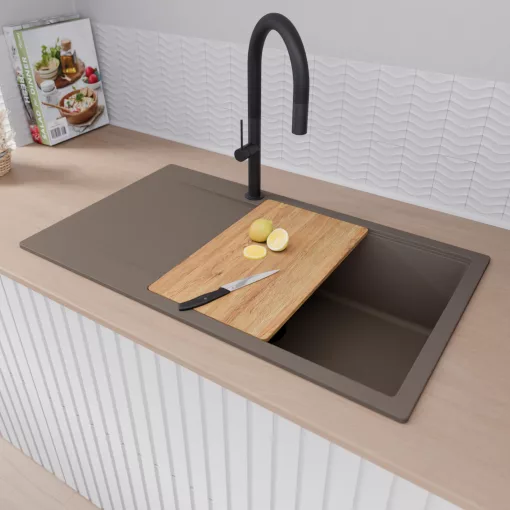 HD Onyx Tortora 86-XL egymedencés gránit mosogatótálca szett, csepegtetőtálcával, vágódeszkával, acél csepegtetőráccsal, tortora színben, matt fekete leeresztő szifonnal