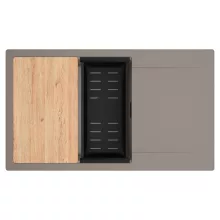 HD Onyx Tortora 86-XL egymedencés gránit mosogatótálca szett, csepegtetőtálcával, vágódeszkával, matt fekete csepegtetőkosárral, tortora színben, matt fekete leeresztő szifonnal