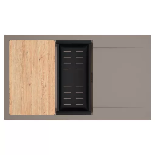 HD Onyx Tortora 86-XL egymedencés gránit mosogatótálca szett, csepegtetőtálcával, vágódeszkával, matt fekete csepegtetőkosárral, tortora színben, matt fekete leeresztő szifonnal