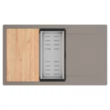 HD Onyx Tortora 86-XL egymedencés gránit mosogatótálca szett, csepegtetőtálcával, vágódeszkával, acél csepegtetőkosárral, tortora színben, matt fekete leeresztő szifonnal