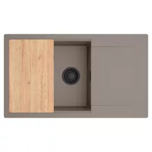 HD Onyx Tortora 86-XL egymedencés gránit mosogatótálca, vágódeszkával, tortora színben, matt fekete leeresztő szifonnal