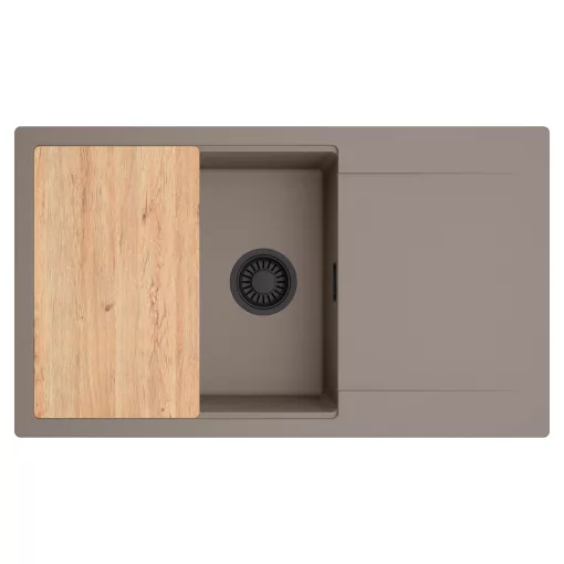 HD Onyx Tortora 86-XL egymedencés gránit mosogatótálca, vágódeszkával, tortora színben, matt fekete leeresztő szifonnal