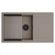 HD Onyx Tortora 86-XL egymedencés mosogatótálca szett, acél csepegtetőráccsal, csepegtetőtálcával, tortora színben, matt fekete leeresztő szifonnal