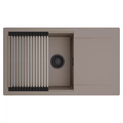 HD Onyx Tortora 86-XL egymedencés mosogatótálca szett, acél csepegtetőráccsal, csepegtetőtálcával, tortora színben, matt fekete leeresztő szifonnal