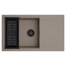 HD Onyx Tortora 86-XL egymedencés mosogatótálca szett, matt fekete csepegtetőkosárral, csepegtetőtálcával, tortora színben, matt fekete leeresztő szifonnal