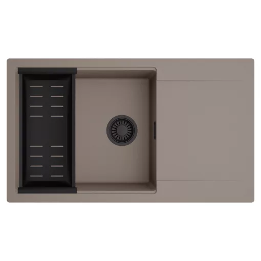 HD Onyx Tortora 86-XL egymedencés mosogatótálca szett, matt fekete csepegtetőkosárral, csepegtetőtálcával, tortora színben, matt fekete leeresztő szifonnal