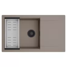 HD Onyx Tortora 86-XL egymedencés mosogatótálca szett, acél csepegtetőkosárral, csepegtetőtálcával, tortora színben, matt fekete leeresztő szifonnal