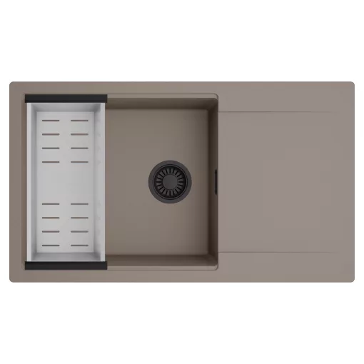 HD Onyx Tortora 86-XL egymedencés mosogatótálca szett, acél csepegtetőkosárral, csepegtetőtálcával, tortora színben, matt fekete leeresztő szifonnal