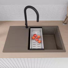 HD Onyx Tortora 86-XL egymedencés mosogatótálca szett, acél csepegtetőkosárral, csepegtetőtálcával, tortora színben, matt fekete leeresztő szifonnal