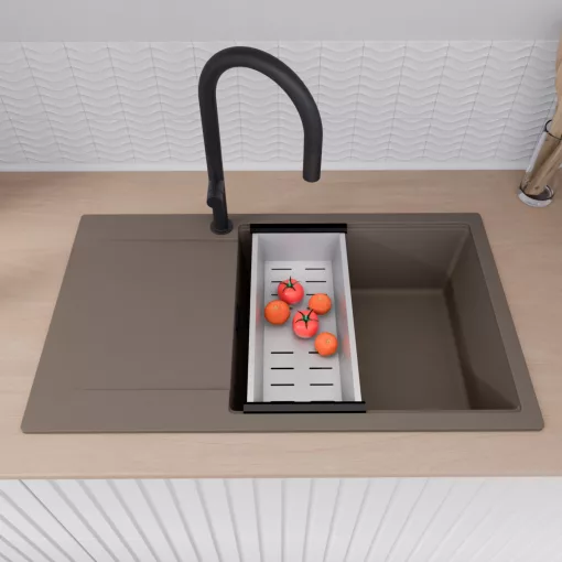 HD Onyx Tortora 86-XL egymedencés mosogatótálca szett, acél csepegtetőkosárral, csepegtetőtálcával, tortora színben, matt fekete leeresztő szifonnal