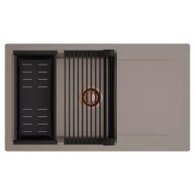 HD Onyx Tortora 86-XL egymedencés mosogatótálca szett, matt fekete csepegtetőráccsal és kosárral, csepegtetőtálcával, tortora színben, szálcsiszolt réz leeresztő szifonnal