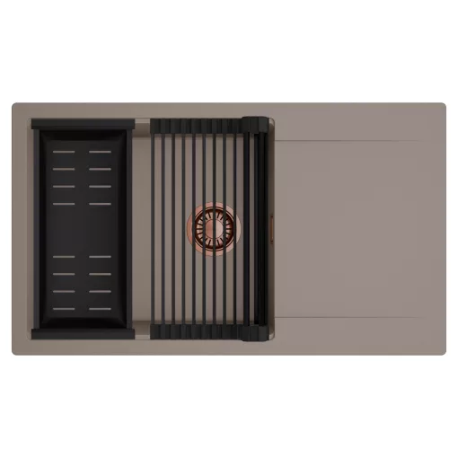 HD Onyx Tortora 86-XL egymedencés mosogatótálca szett, matt fekete csepegtetőráccsal és kosárral, csepegtetőtálcával, tortora színben, szálcsiszolt réz leeresztő szifonnal