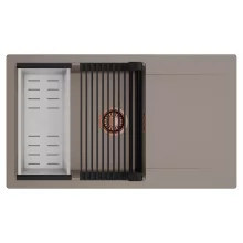 HD Onyx Tortora 86-XL egymedencés mosogatótálca szett, matt fekete csepegtetőráccsal és krómozott kosárral, csepegtetőtálcával, tortora színben, szálcsiszolt réz leeresztő szifonnal